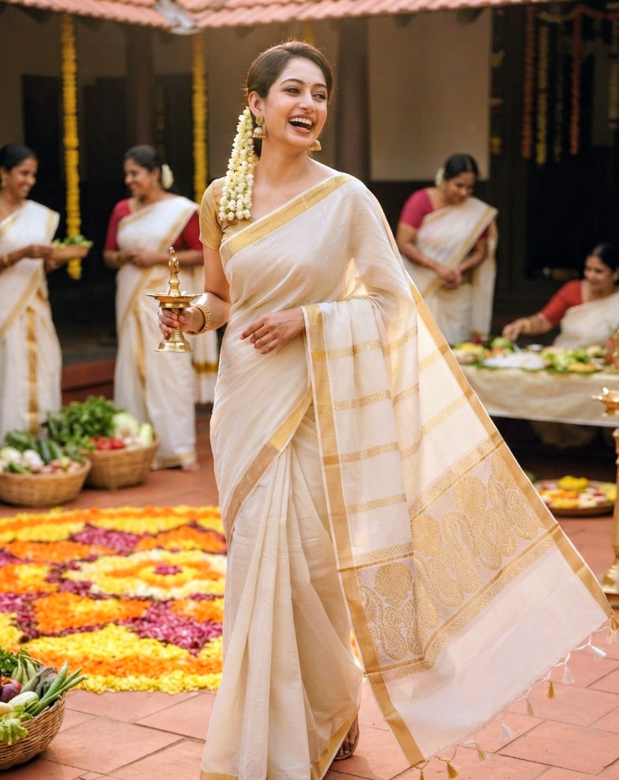 Kerala Kasavu Ivory Gold Saree – Traditional Festive Elegance - Image 1