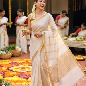 Kerala Kasavu Ivory Gold Saree – Traditional Festive Elegance
